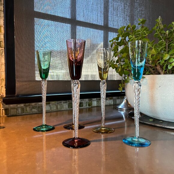 Stuart Lot 5 Long Stem Cordial Flute IONA AIR TRAP SPIRAL TWIST Colorful Crystal - Picture 6 of 16